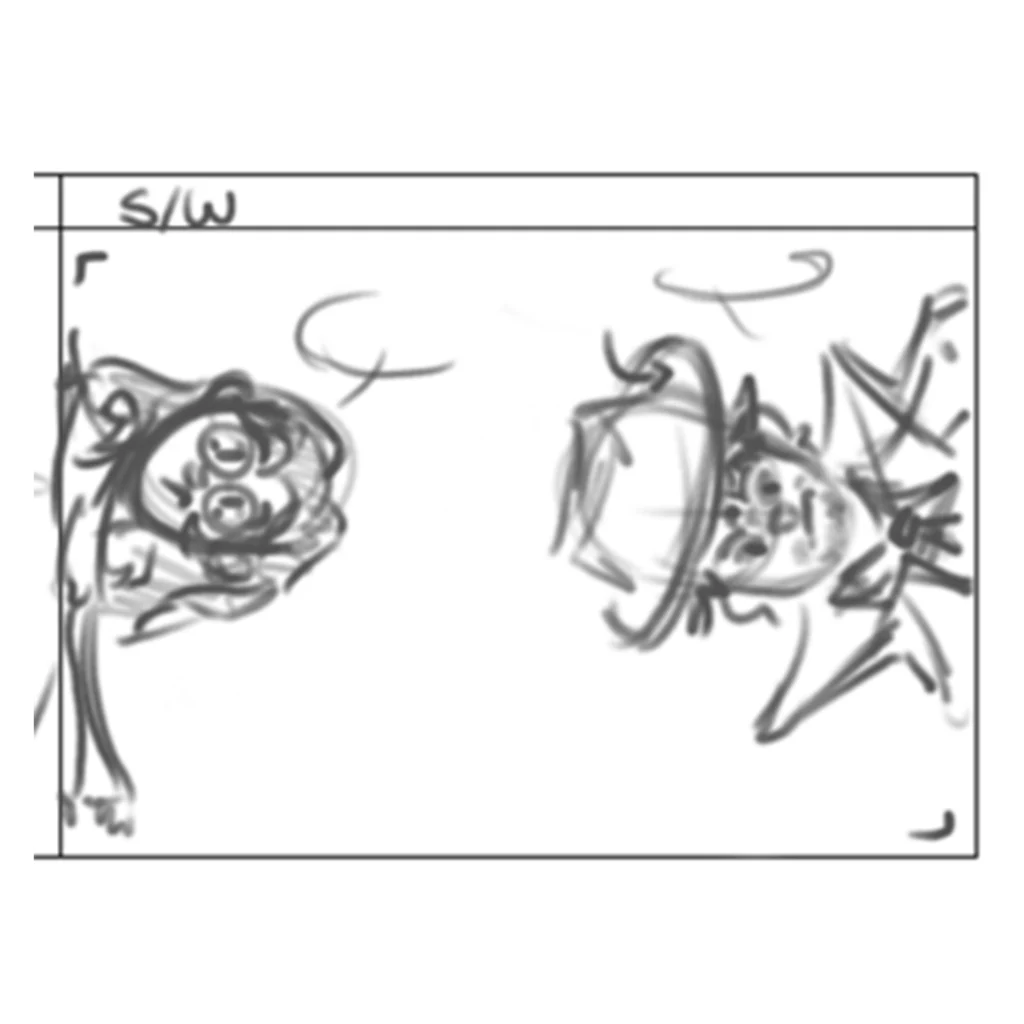 Die Hauptcharaktere gucken im Storyboard Richtung Kamera