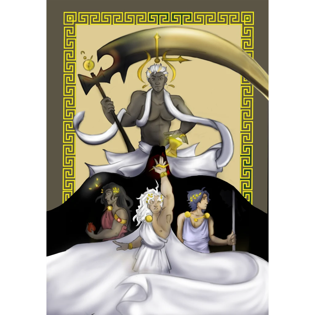 Chronos und seine Söhne gestaltet in Buchcoverform (griechische Mythologie)