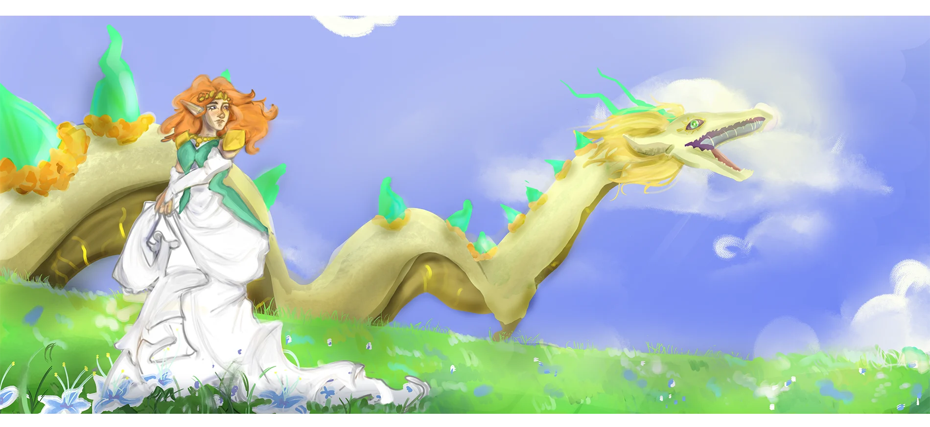 Eine Wiese mit Drachen und einem von Zelda inspirierten Charakter davor